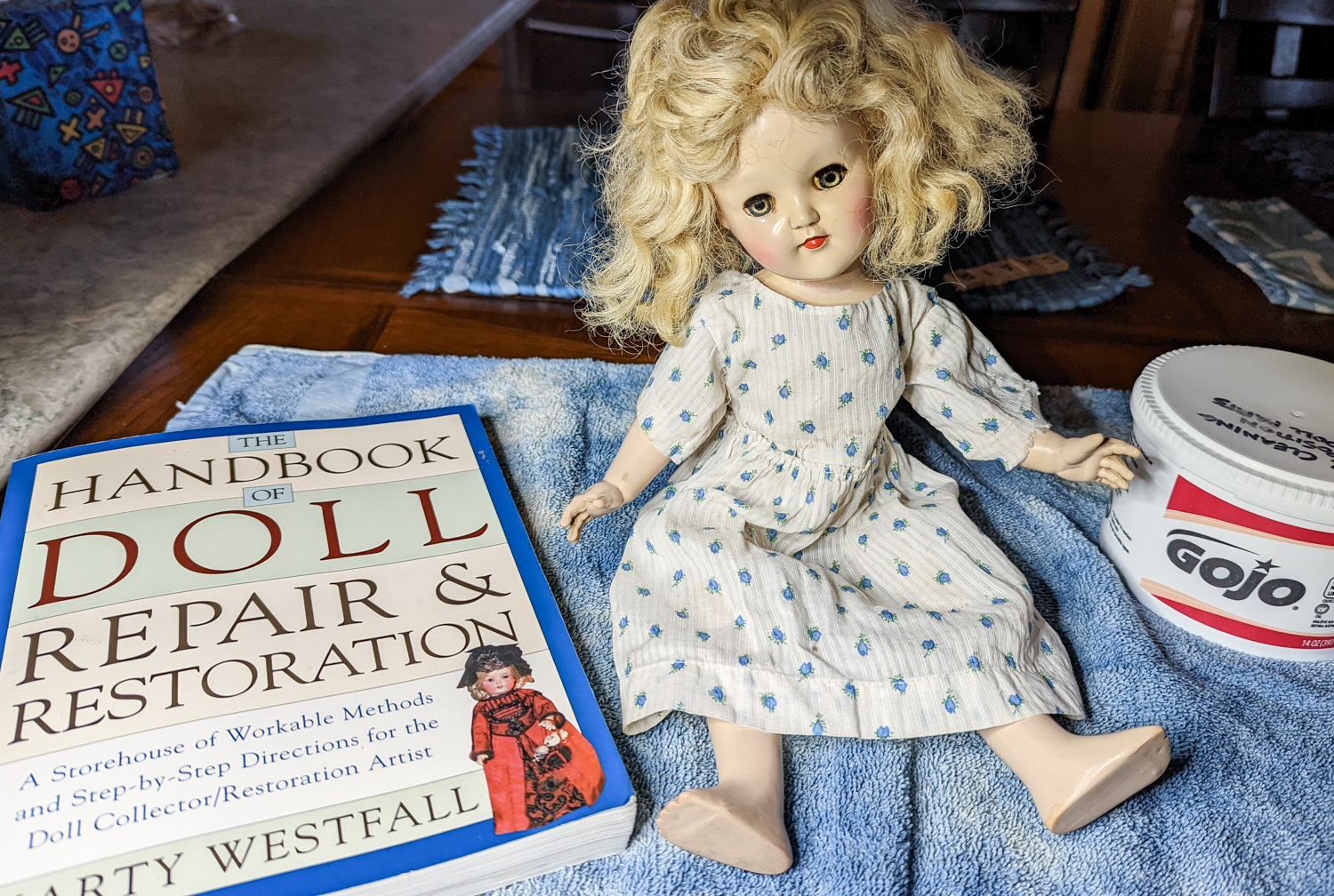 Toni doll, with reference book and Gojo cleaner